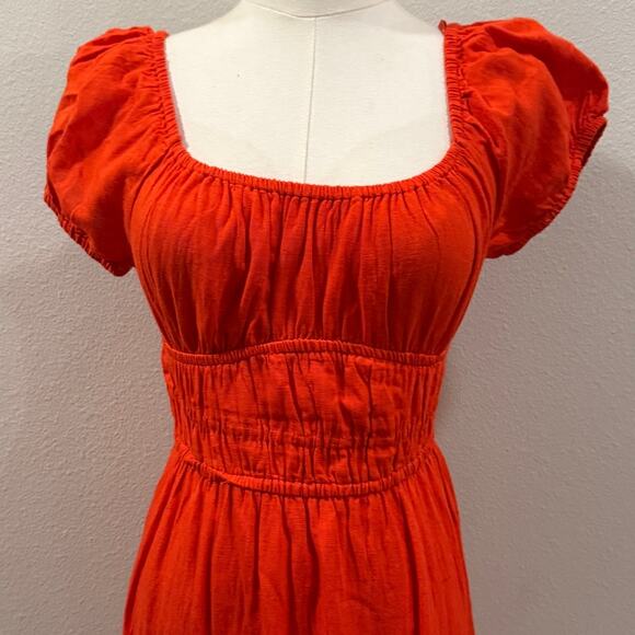 Sim Sam Milkmaid Linen Blend Midi Dress Orange M Cottagecore Peasant Ruffle Hem - Picture 4 of 8